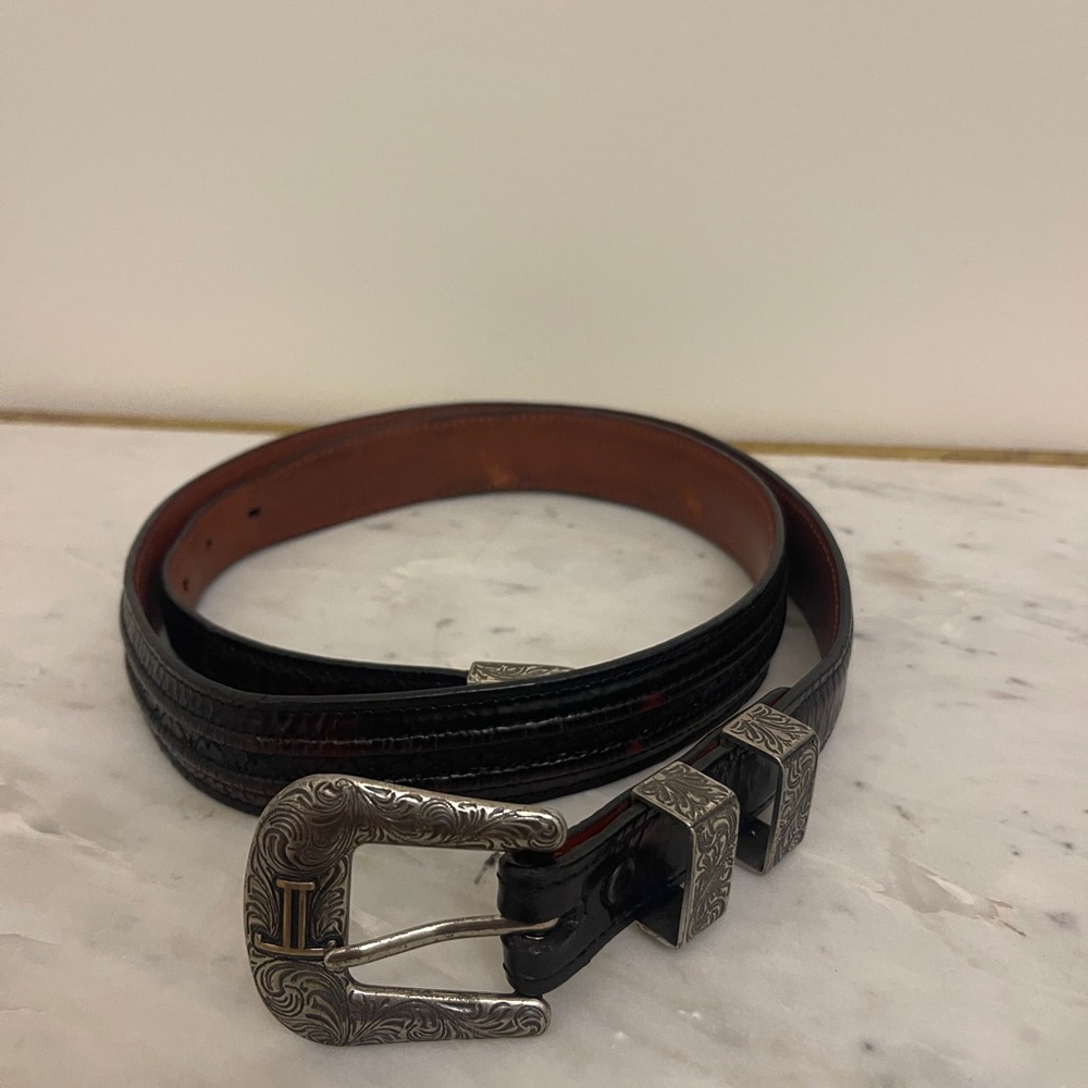 Lucchese Black and Silver Leather Belt with Western Buckle